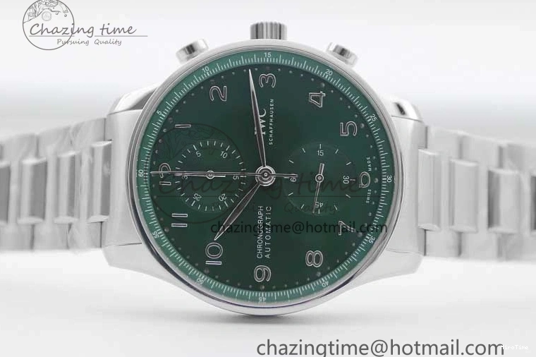 MIROTIME 1223 FastDry Portugieser Chronograph IW371615 ZF Best Edition Green Dial on SS Bracelet A7750 (Slim Movement) 7038